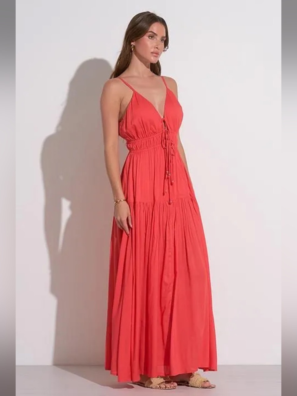 Elan Coral Red Spaghetti-Strap Maxi Dress with Tie Waist